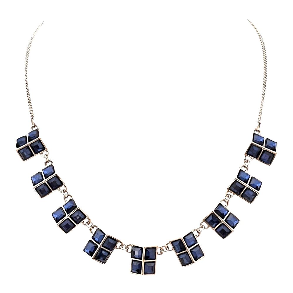New Silver Tone Necklace Blue Square Stones Delicate - 11F